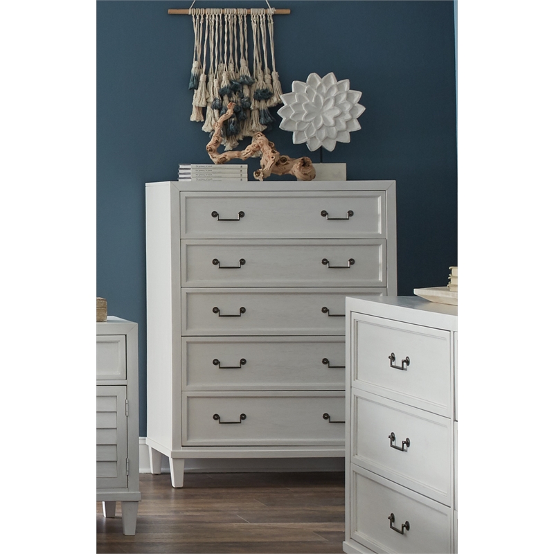 Bowery Hill Coastal Wood 5-drawer Chest in Antiqued Silver/White
