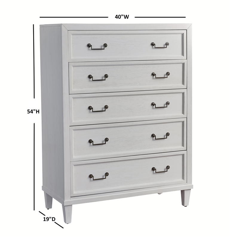 Bowery Hill Coastal Wood 5-drawer Chest in Antiqued Silver/White