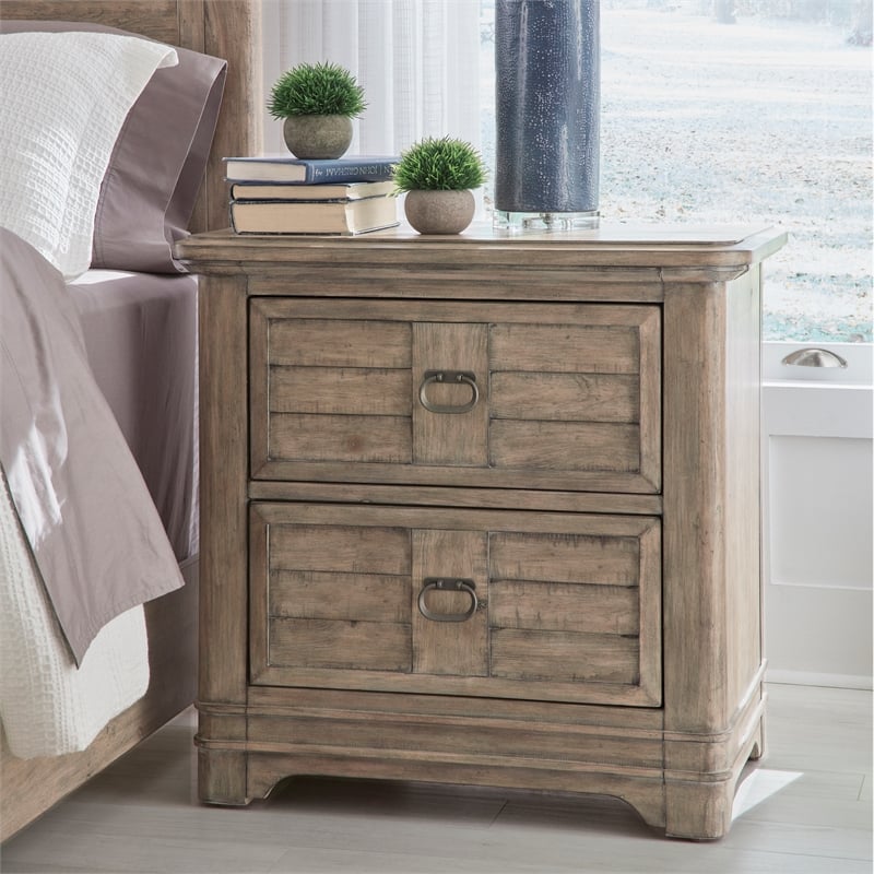 Bowery Hill Beige Antique Sand Wood Two Drawer Farmhouse Style Nightstand