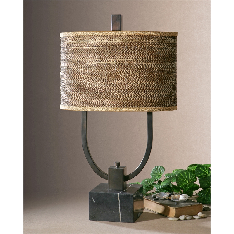 Bowery Hill Marble Metal and Cane Table Lamp in Rustic Bronze/Brown/Tan