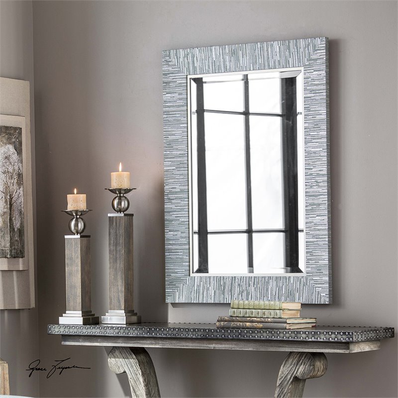 Bowery Hill Contemporary Pine Wood Mirror in Blue/Gray/Silver