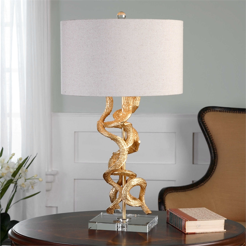 Bowery Hill Twisted Vines Modern Crystal and Metal Table Lamp in Gold/Oatmeal