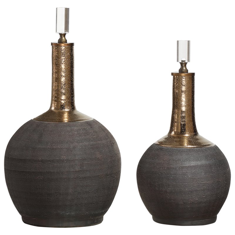 Bowery Hill 2-Piece Ceramic Crystal Metal Bottle Set in Matte Black and Gold