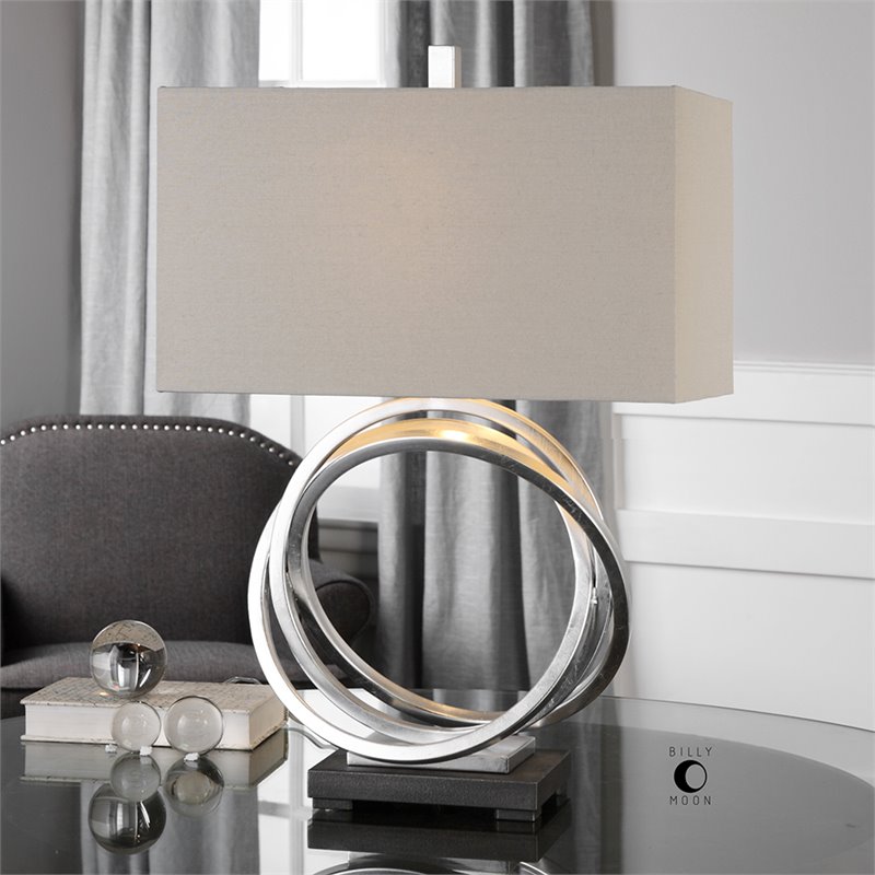Bowery Hill Steel and Linen Rings Table Lamp in Silver and Light Beige