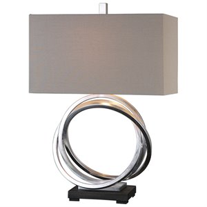 Bowery Hill Steel and Linen Rings Table Lamp in Silver and Light Beige