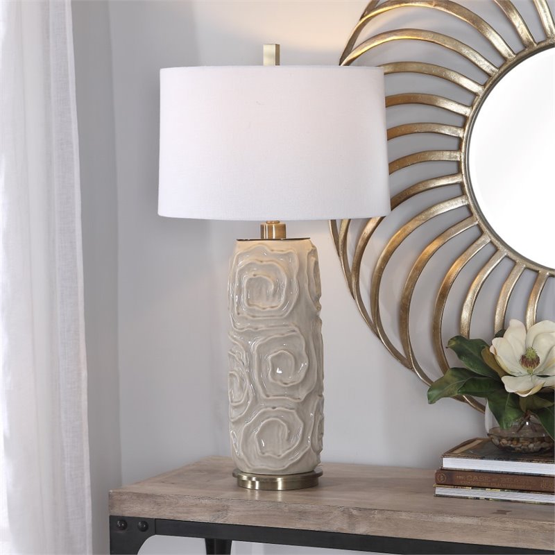 Bowery Hill Contemporary Ceramic Fabric and Iron Table Lamp in Warm Gray