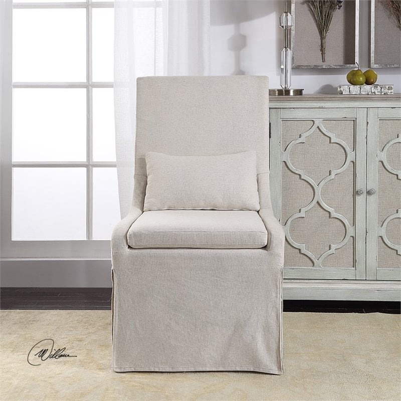 Bowery Hill Coastal Wood and Fabric Armless Chair in Off White