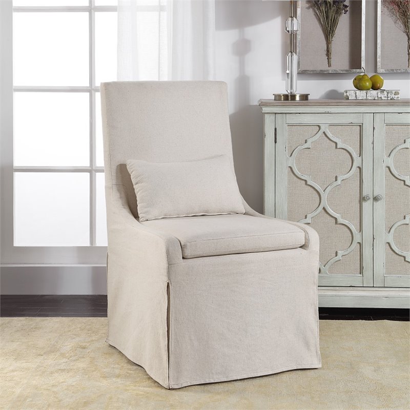 Bowery Hill Coastal Wood and Fabric Armless Chair in Off White