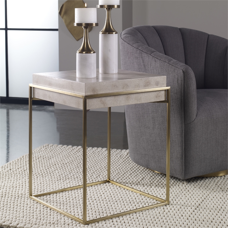 Bowery Hill Contemporary MDF Wood and Steel Accent Table in Brass/White