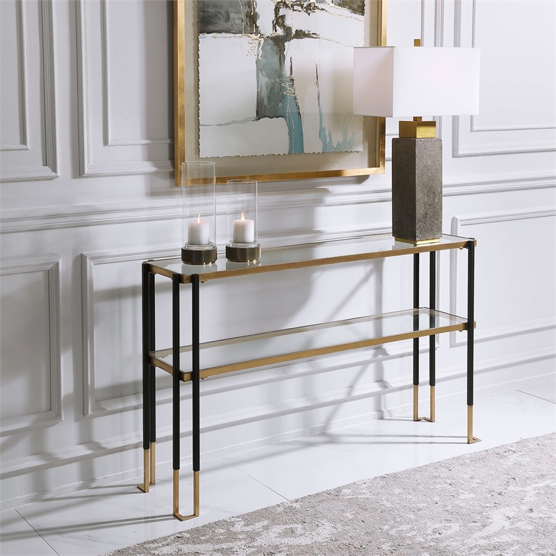 Bowery Hill Contemporary Iron and Glass Console Table in Black/Gold