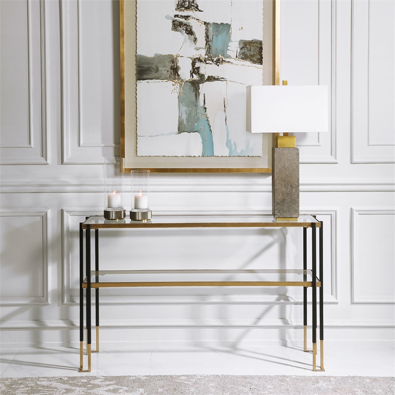 Bowery Hill Contemporary Iron and Glass Console Table in Black/Gold
