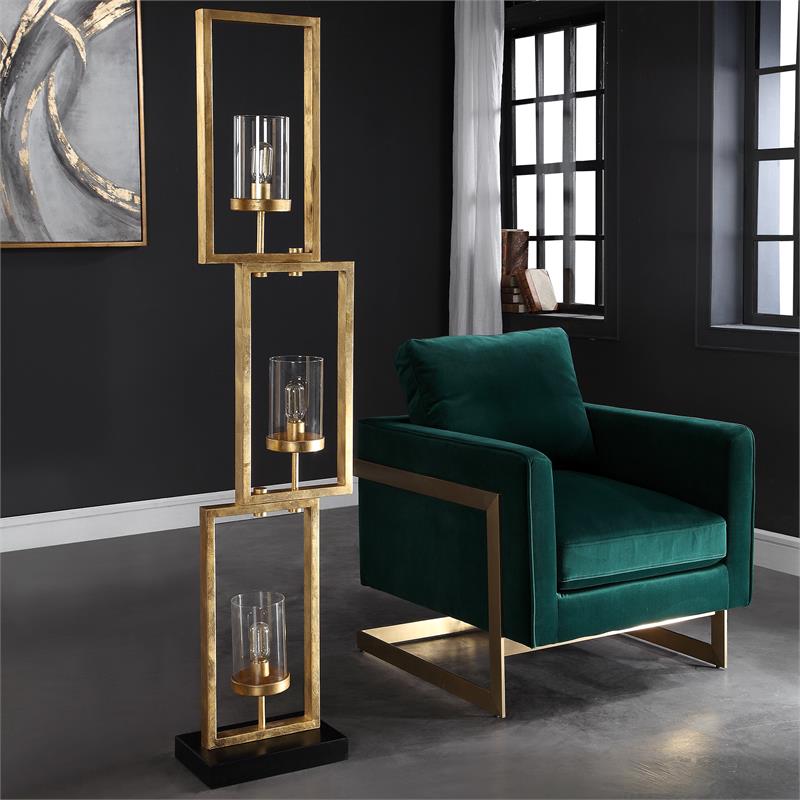 Bowery Hill Contemporary Steel and Glass Floor Lamp in Black/Gold