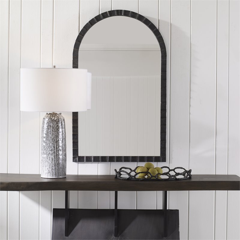 Bowery Hill Contemporary Iron and MDF Arch Mirror in Matte Black/Silver