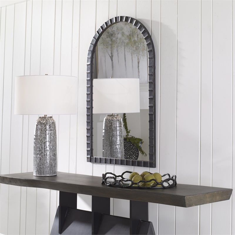 Bowery Hill Contemporary Iron and MDF Arch Mirror in Matte Black/Silver