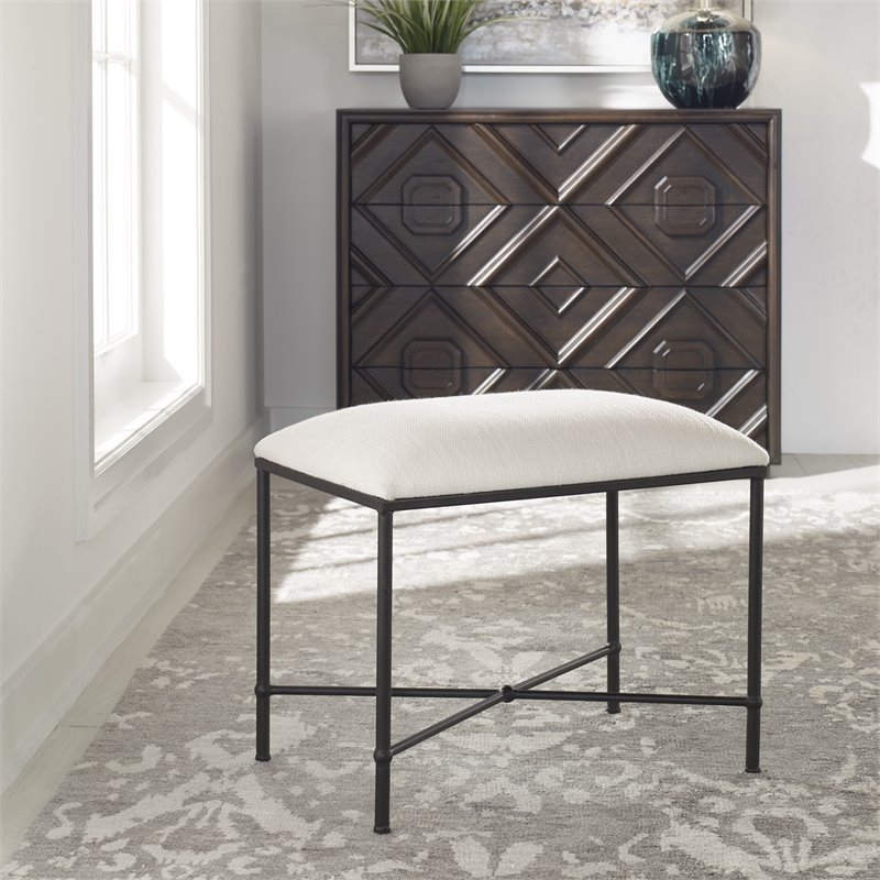 Bowery Hill Contemporary Iron and Fabric Small Bench in White/Black