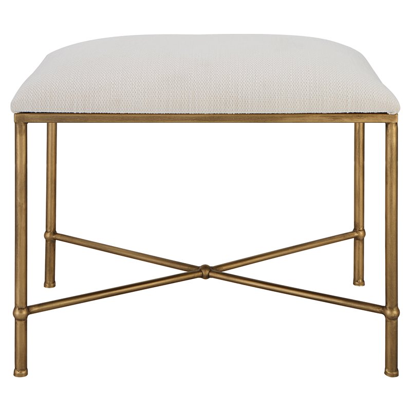 Bowery Hill Contemporary Iron and Fabric Small Bench - Antique Gold/ White