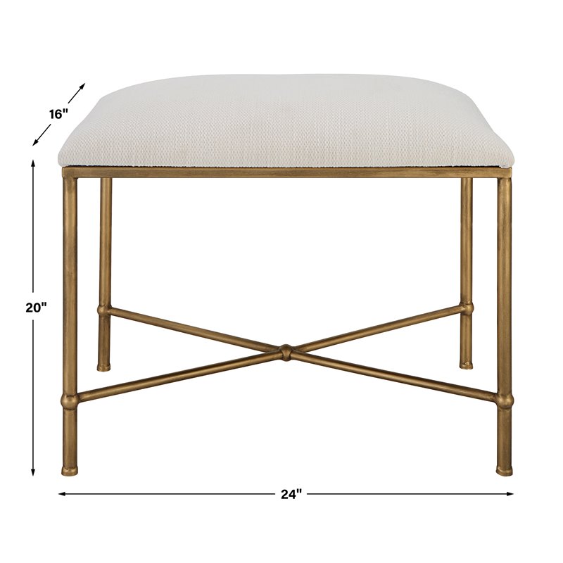 Bowery Hill Contemporary Iron and Fabric Small Bench - Antique Gold/ White