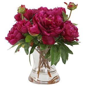 Bowery Hill Peony Plastic Bouquet with Glass Vase in Pink/Clear
