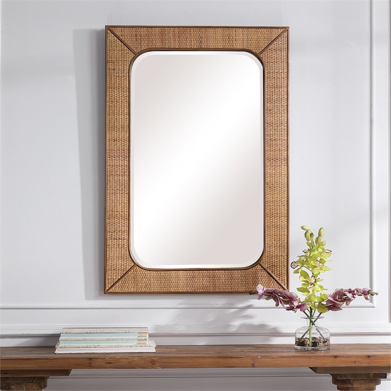 Bowery Hill Coastal Rattan and Wood Mirror in Warm Maple Beige