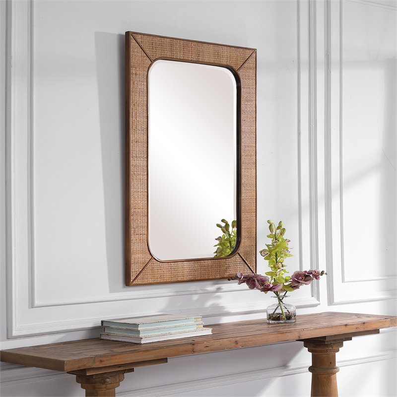 Bowery Hill Coastal Rattan and Wood Mirror in Warm Maple Beige