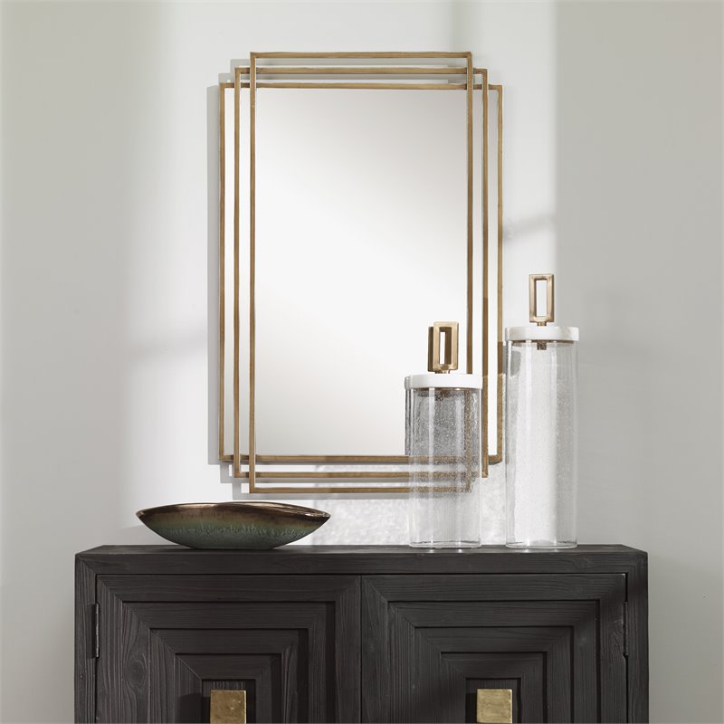 Bowery Hill Iron Metal & MDF Mirror with Silver Highlights in Brushed Gold
