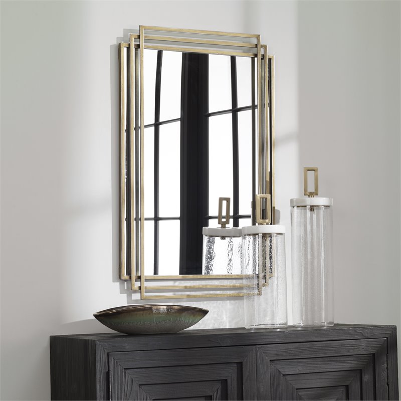 Bowery Hill Iron Metal & MDF Mirror with Silver Highlights in Brushed Gold