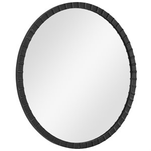 Bowery Hill Round Iron Metal Mirror with Silver Undertones in Black