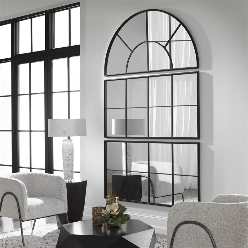 Bowery Hill Contemporary Iron Metal and MDF Window Arch Mirror in Black