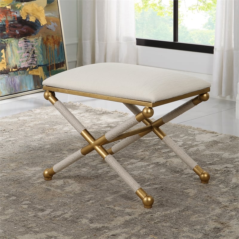 Bowery Hill Contemporary Iron Metal Small Bench in Gold/White