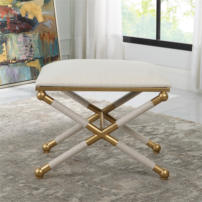 Bowery Hill Contemporary Iron Metal Small Bench in Gold/White