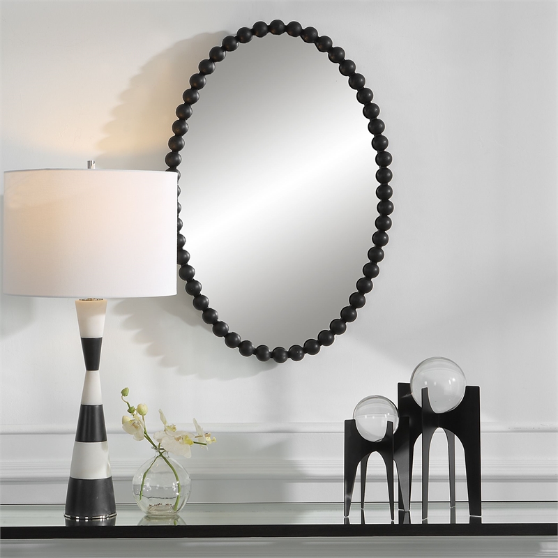 Bowery Hill Oval Transitional MDF and Metal Mirror in Black Finish