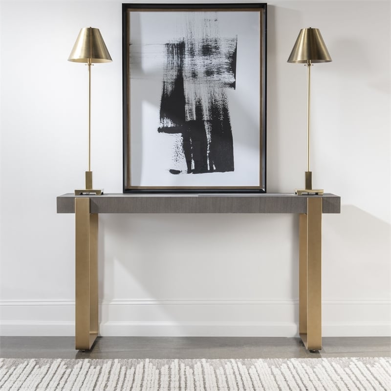 Bowery Hill Contemporary MDF Ash Veneer Iron Console Table in Brass/Woodtone
