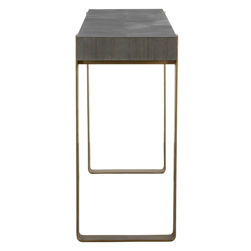 Bowery Hill Contemporary MDF Ash Veneer Iron Console Table in Brass/Woodtone