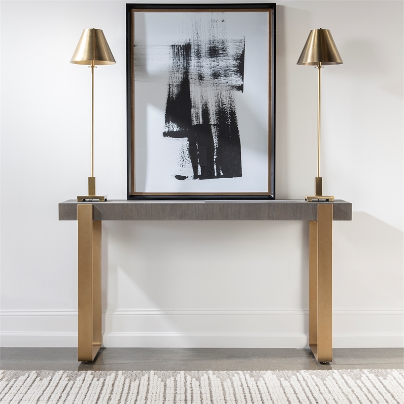 Bowery Hill Contemporary MDF Ash Veneer Iron Console Table in Brass/Woodtone