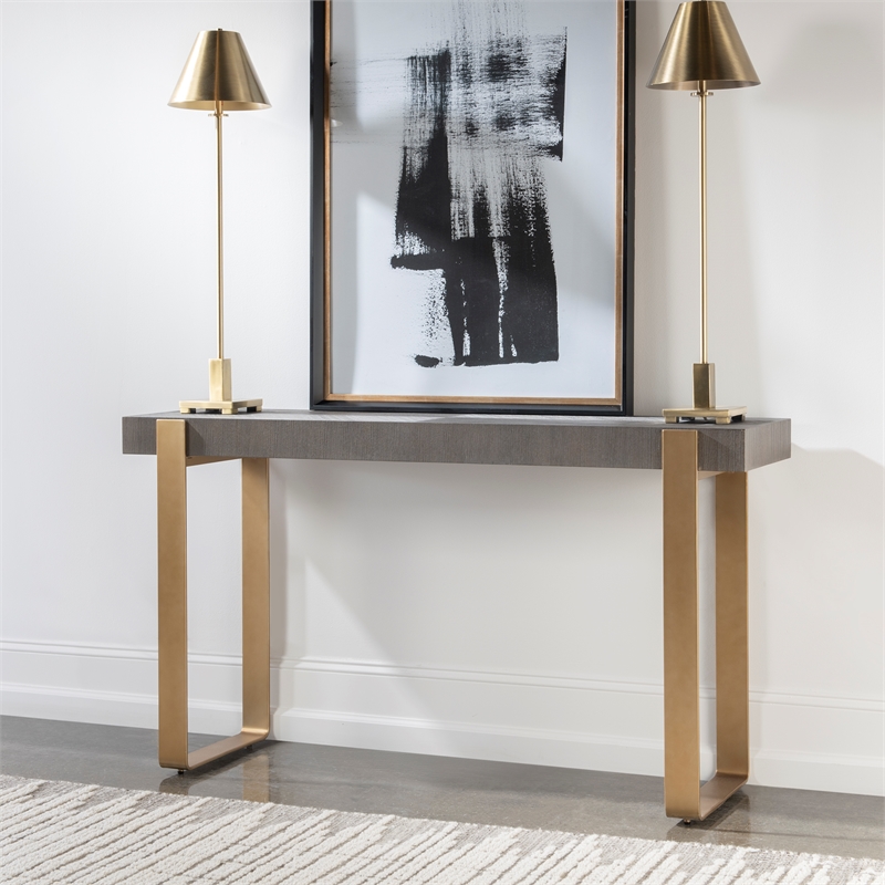 Bowery Hill Contemporary MDF Ash Veneer Iron Console Table in Brass/Woodtone