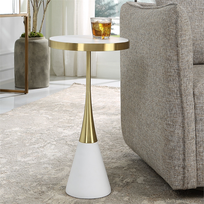 Bowery Hill Contemporary Concrete and Metal Accent Table in Brass/White