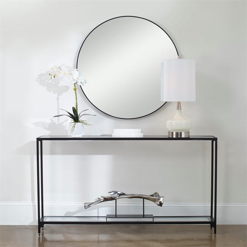Bowery Hill Contemporary Metal Console Table with Mirror Top Self in Black