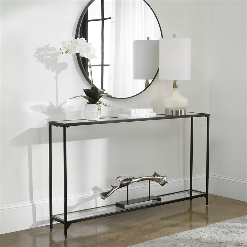 Bowery Hill Contemporary Metal Console Table with Mirror Top Self in Black