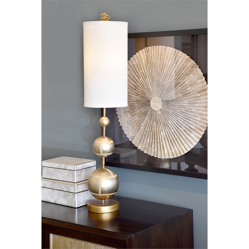 Bowery Hill Metal Table Lamp with White Linen Shade in Silver/Gold