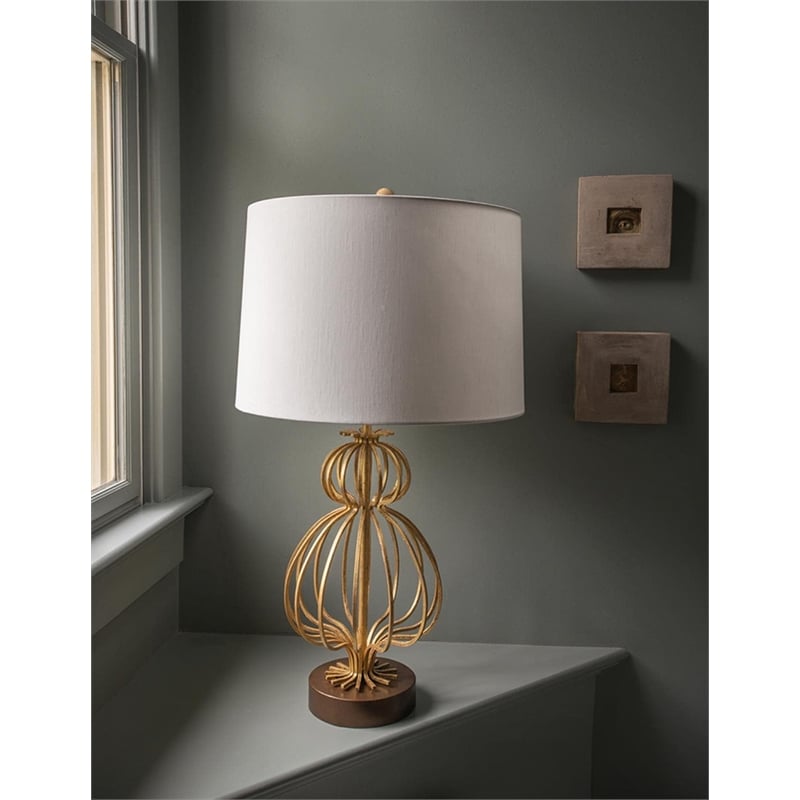Bowery Hill Metal Table Lamp with White Linen Shade in Gold Leaf