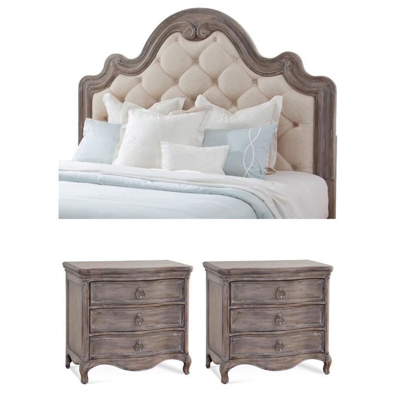 Bowery Hill Set of 3 - Gray Queen Tufted Upholstered Headboard & 2 Nightstands