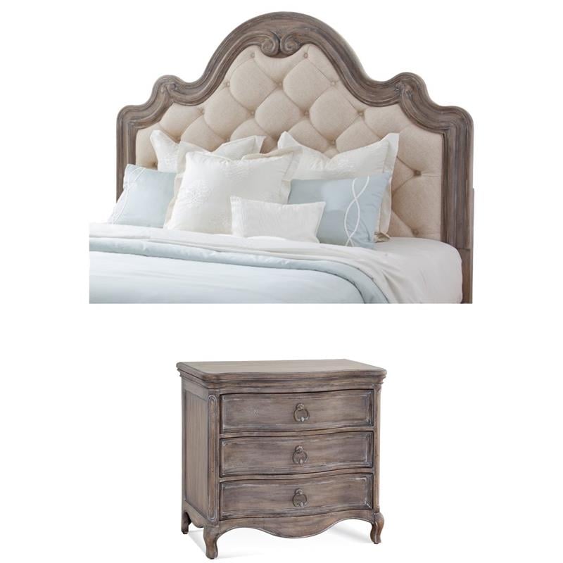 Bowery Hill Set of 2 Gray Queen Tufted Upholstered Wood Headboard & Nightstand