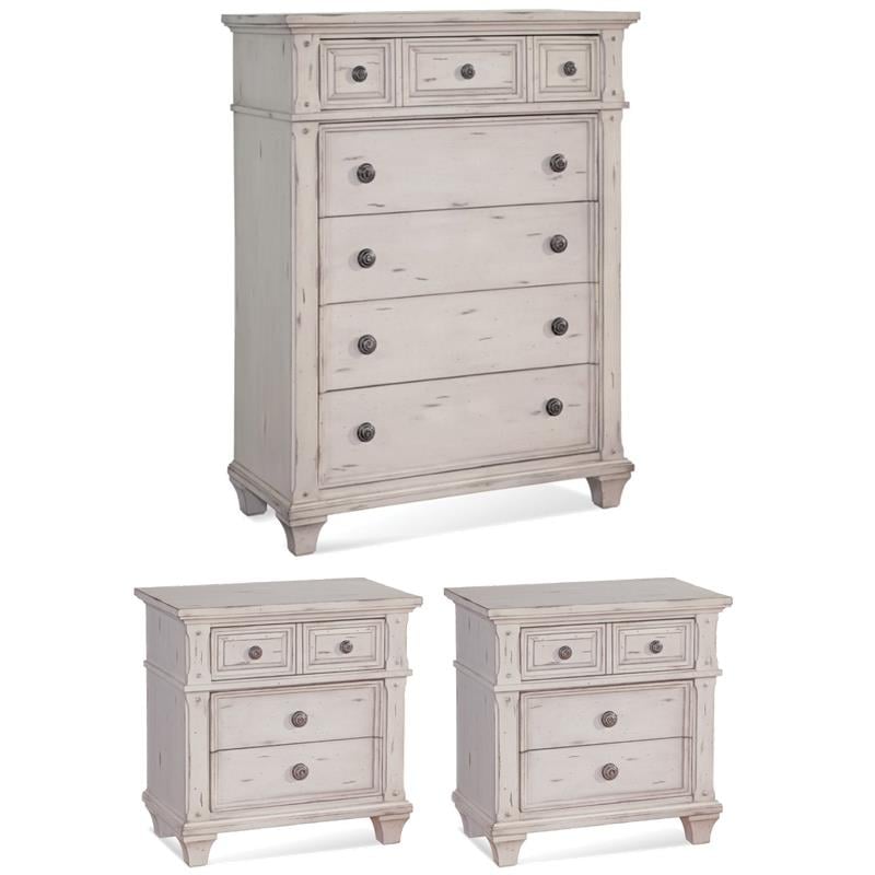Bowery Hill Set of 3 - White Wood Two 3-Drawers Nightstands & 5-Drawers Chest