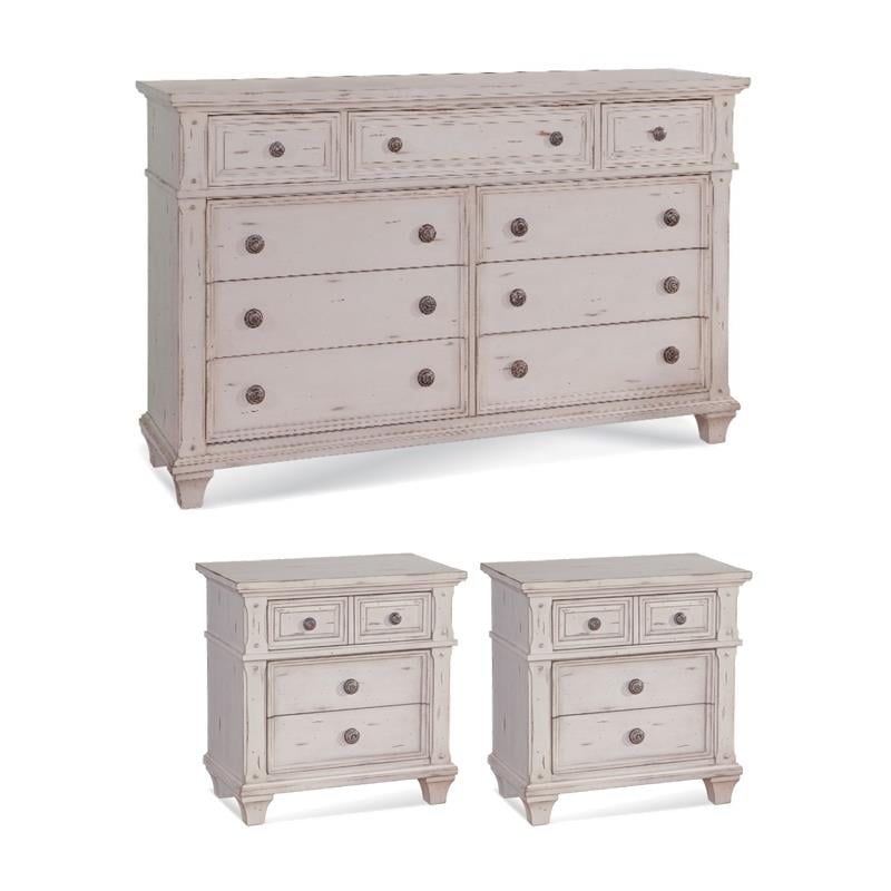 Bowery Hill Set of 3 - White Wood Two 3-Drawers Nightstands & 9-Drawers Dresser