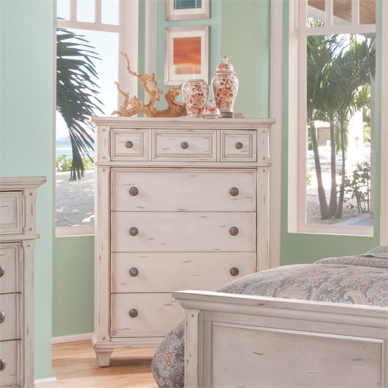 Bowery Hill Set of 2 Antique White Wood 3-Drawers Nightstand & 5-Drawers Chest