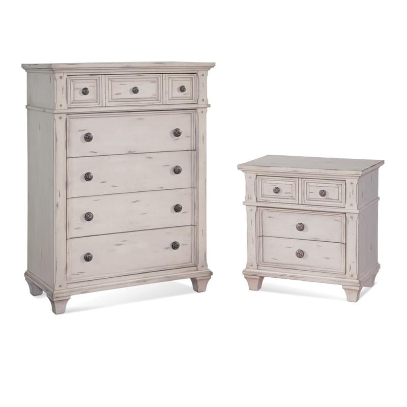 Bowery Hill Set of 2 Antique White Wood 3-Drawers Nightstand & 5-Drawers Chest