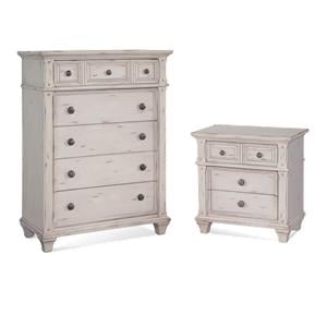 Bowery Hill Set of 2 Antique White Wood 3-Drawers Nightstand & 5-Drawers Chest