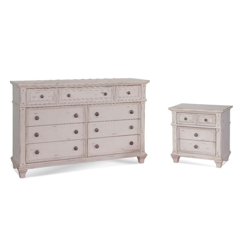 Bowery Hill Set of 2 Antique White Wood 3-Drawers Nightstand & 9-Drawers Dresser