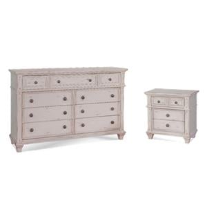 Bowery Hill Set of 2 Antique White Wood 3-Drawers Nightstand & 9-Drawers Dresser