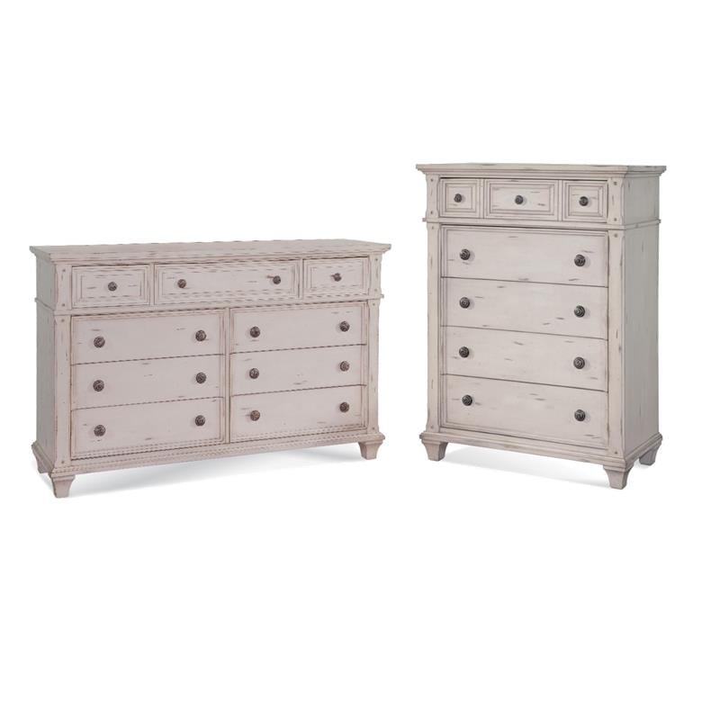 Bowery Hill Set of 2 Antique White Wood 5-Drawers Chest & 9-Drawers Dresser